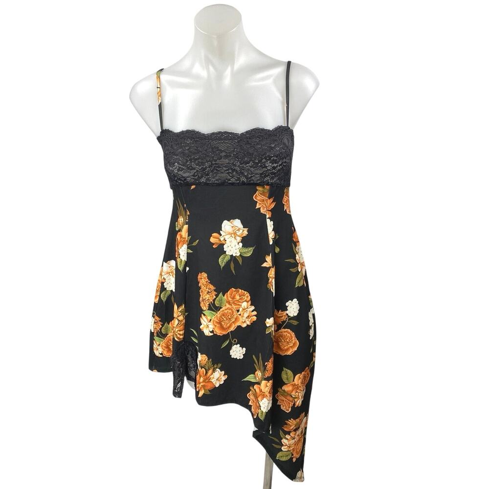 NEW WeWoreWhat Black Floral Lace Sleeveless Asymmetric Cami Mini Slip Dress S